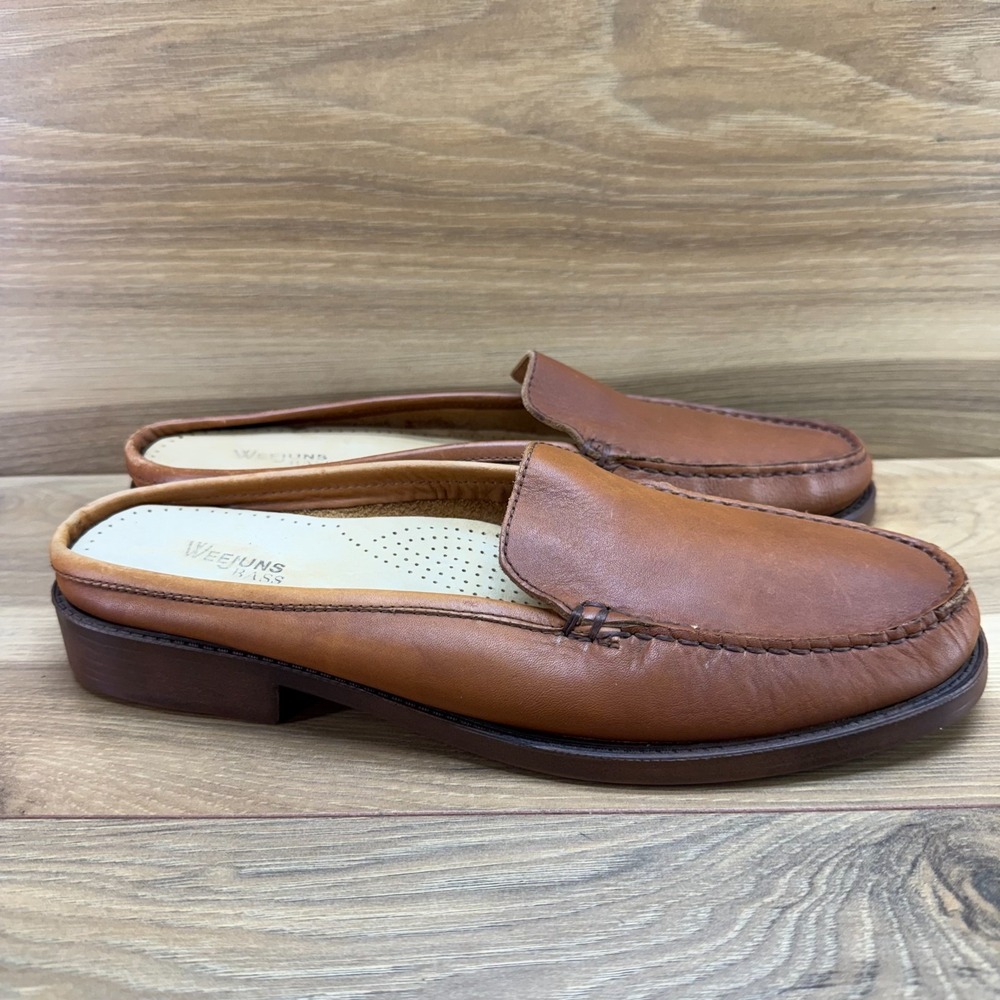 BASS WEEJUNS Helen Mules Loafer Womens 10 M British Tan Moc Toe Slip On Flats